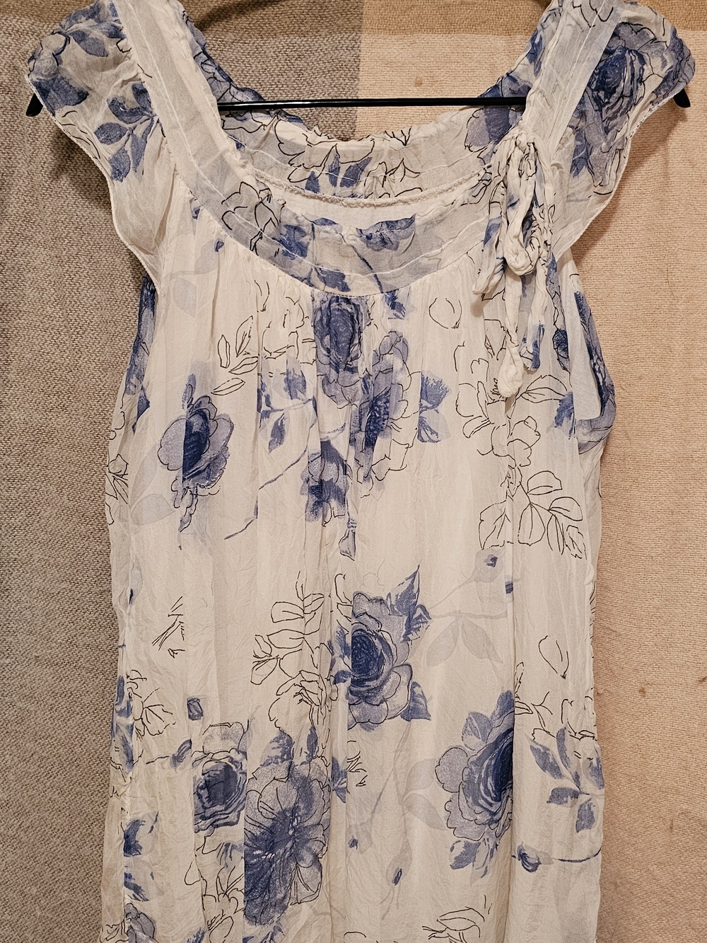 White Cotton Blend Floral Tee with Blue Rose Print